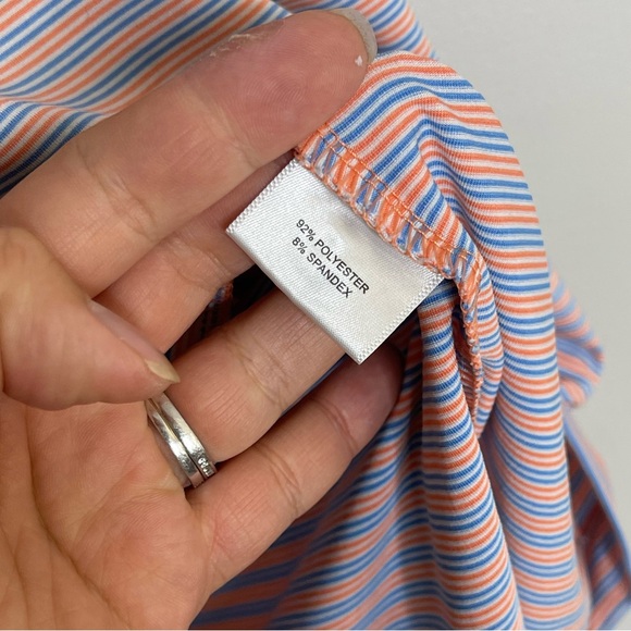 Peter Millar summer Comfort Golf Performance Pink Blue Striped Polo Shirt Sz L - Picture 5 of 5